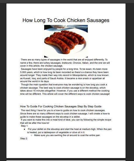 Page with title "How Long To Cook Chicken Sausages" and an image of grilled sausages on a white plate.