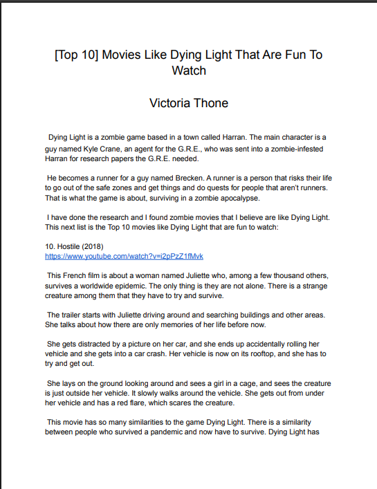 Screenshot of an article titled '[Top 10] Movies Like Dying Light That Are Fun To Watch' by Victoria Thone, listing movies similar to the game Dying Light, with brief descriptions and a YouTube link to the movie 'Hostile (2018)'.