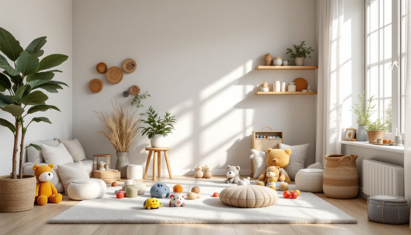 Bright, cozy children's playroom with toys, plush animals, cushions, plants, and minimalistic decor.