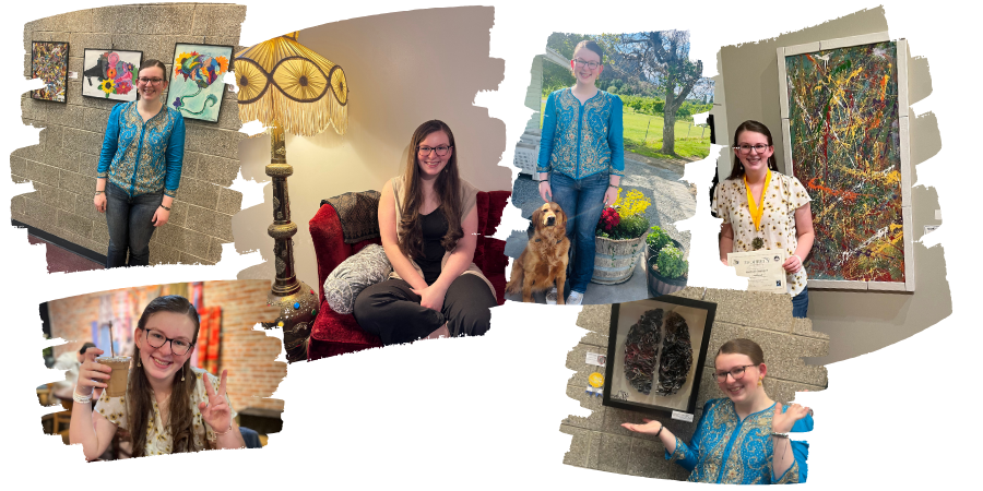 Collage of a young woman in various settings: standing by artwork on a gallery wall, sitting on a red couch, outdoors with a dog, holding a certificate, and presenting artworks at an exhibition.
