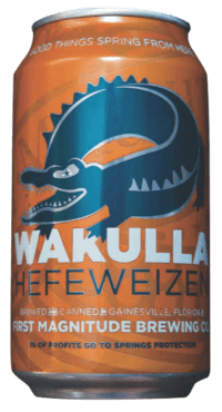 Can featuring WAKULLA HEFE WEIZEN craft beer from First Magnitude Brewing Company in Gainesville, Florida.