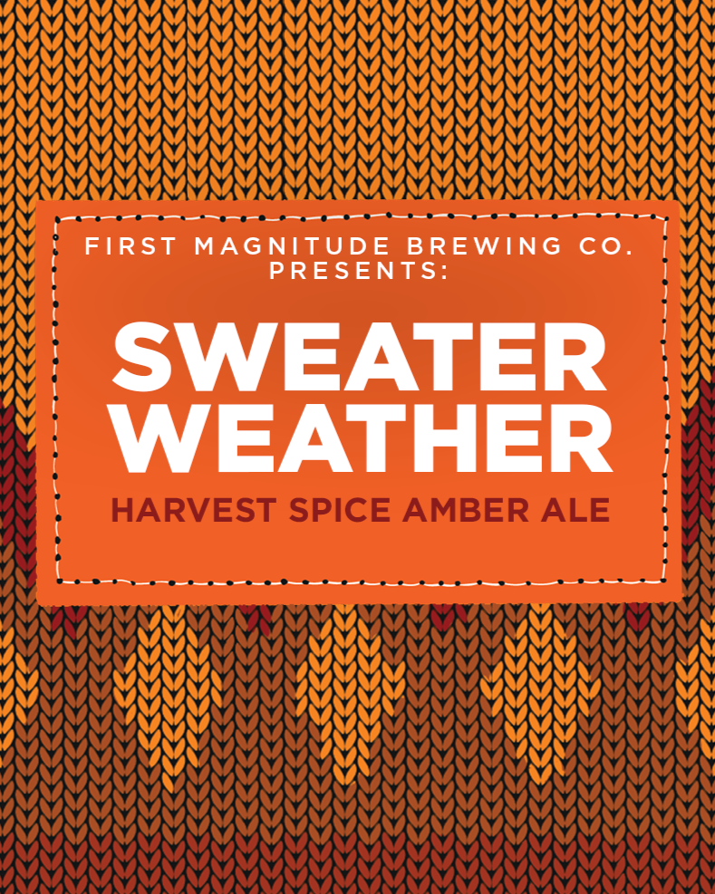 Colorful animated advertisement for Sweater Weather beer by First Magnitude Brewing Co., with a knitted sweater pattern background and a prominent orange label.