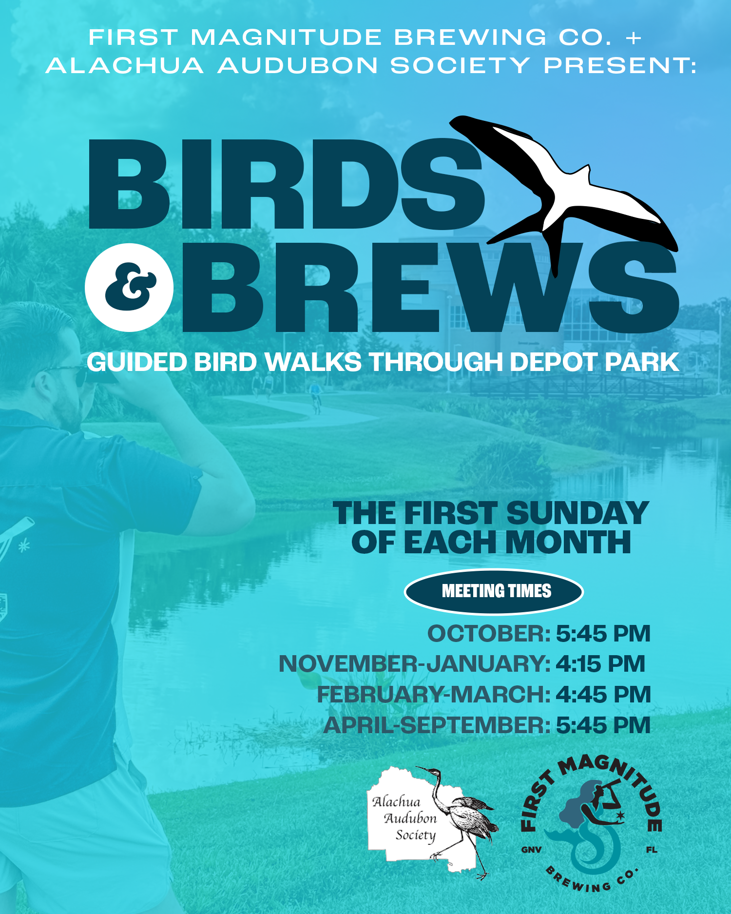 flyer for birds and brews guided bird walks around depot park and back to first magnitude brewing co.