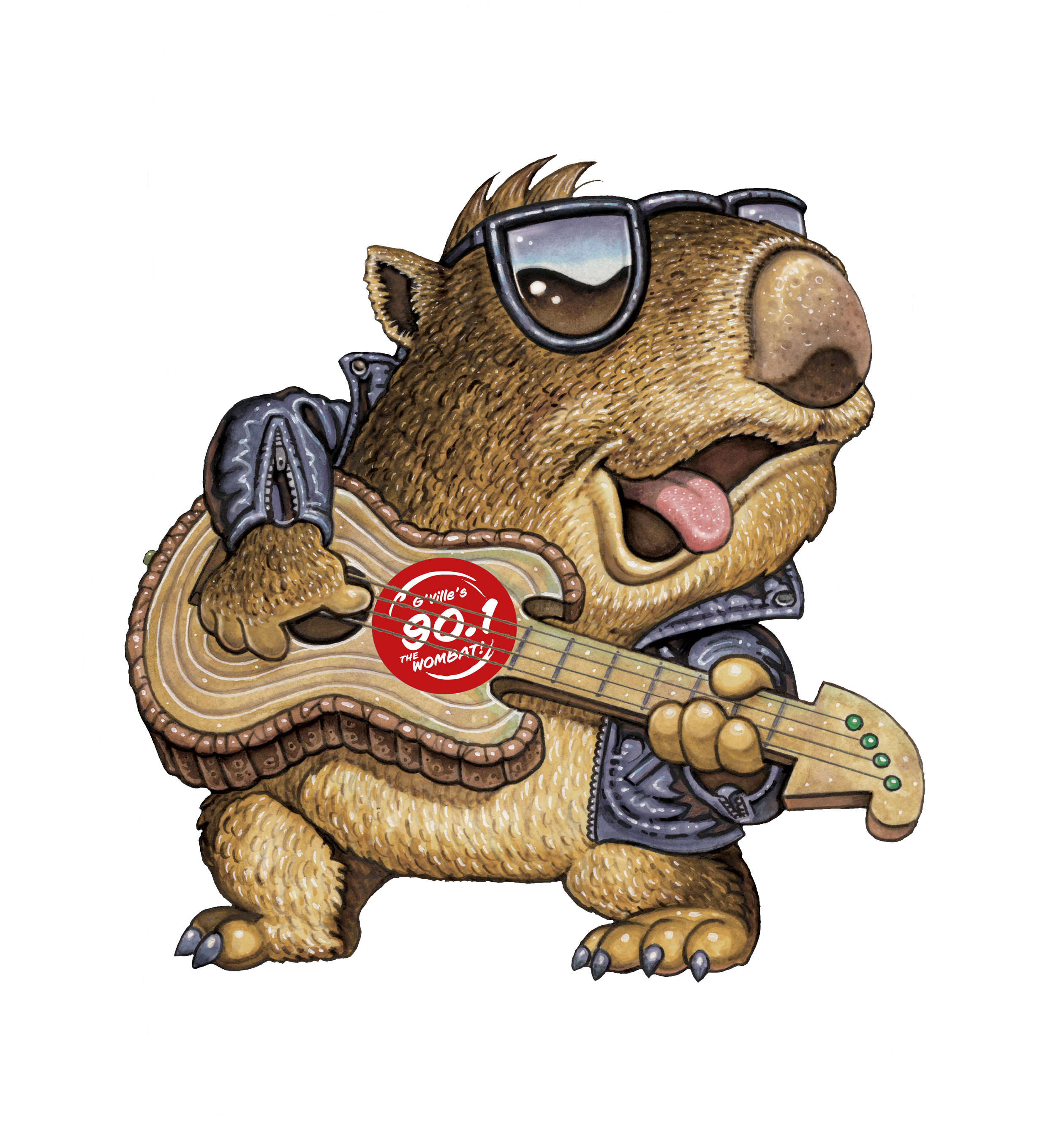 Cartoon dog wearing sunglasses and a backpack, holding an acoustic guitar, with a red sticker that reads "20! The Wombat!"