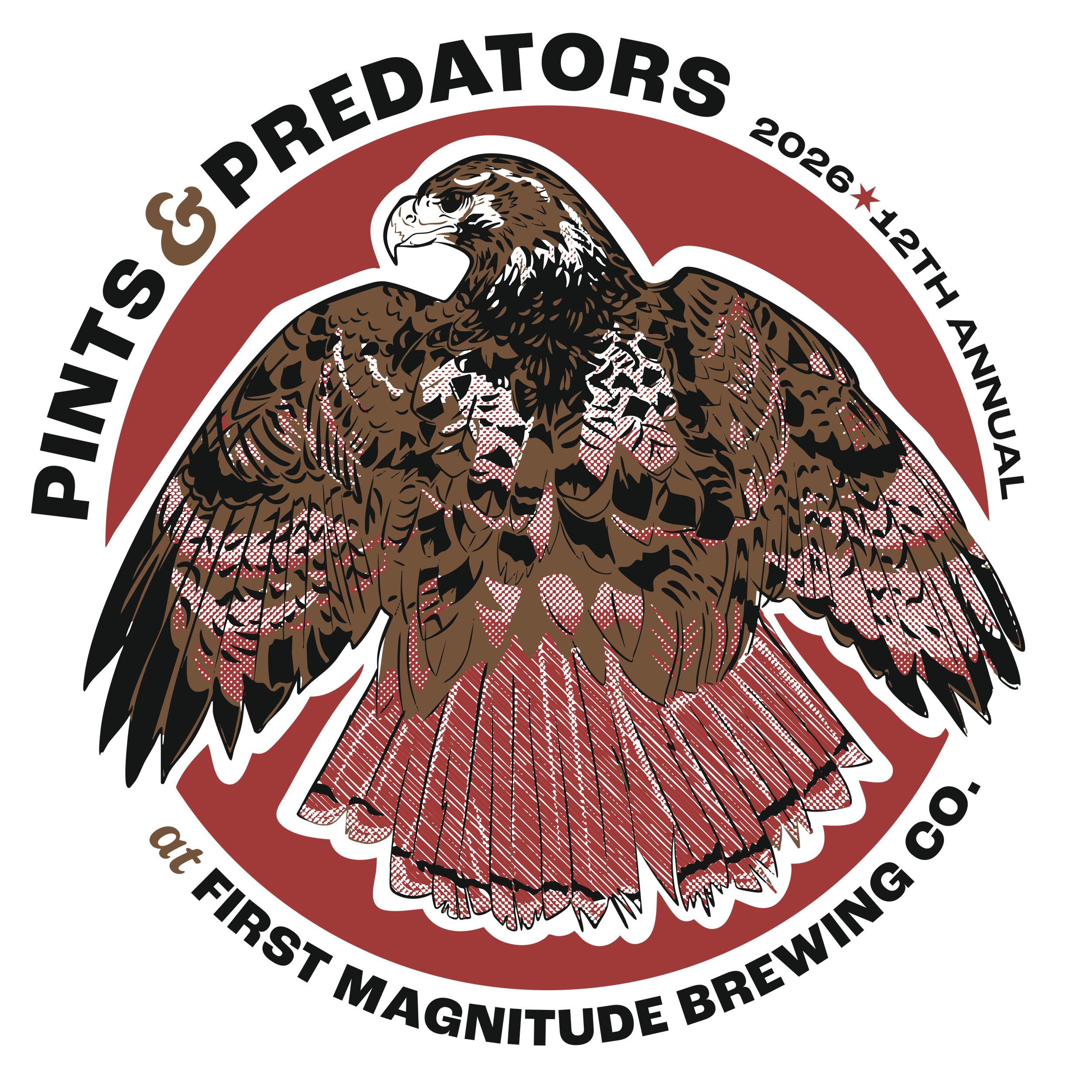 Illustrated logo of a bald eagle with a shield on its chest, surrounded by a red circle and black text reading 'Patriots & Predators 2026' and other phrases.