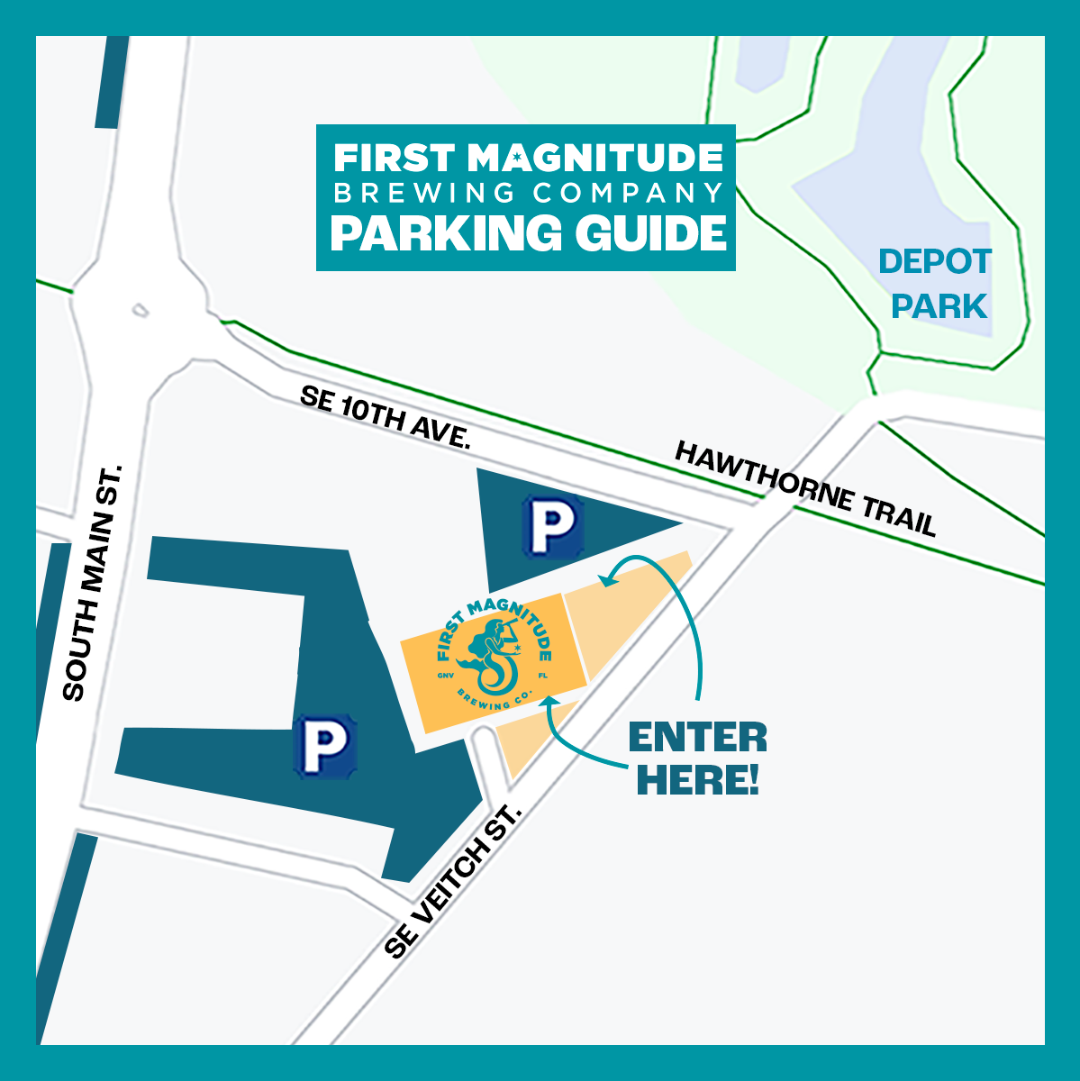 Map of First Magnitude Brewing Company's parking area with entrance marked, showing parking lots, streets, neighboring park, and the brewery building.