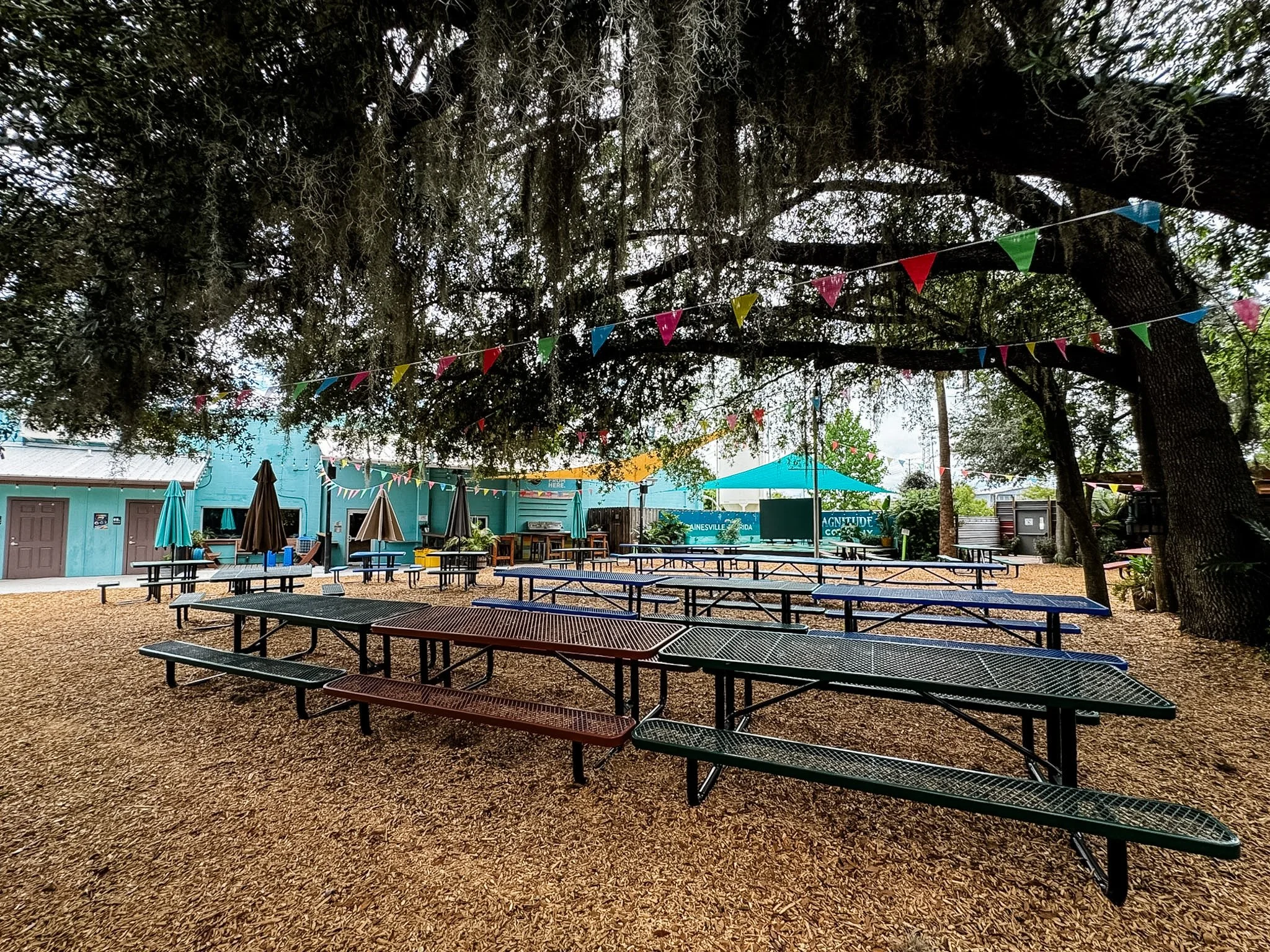 Outdoor seating area with picnic tables and umbrellas under large trees with hanging moss, colorful bunting flags, and buildings in the background.