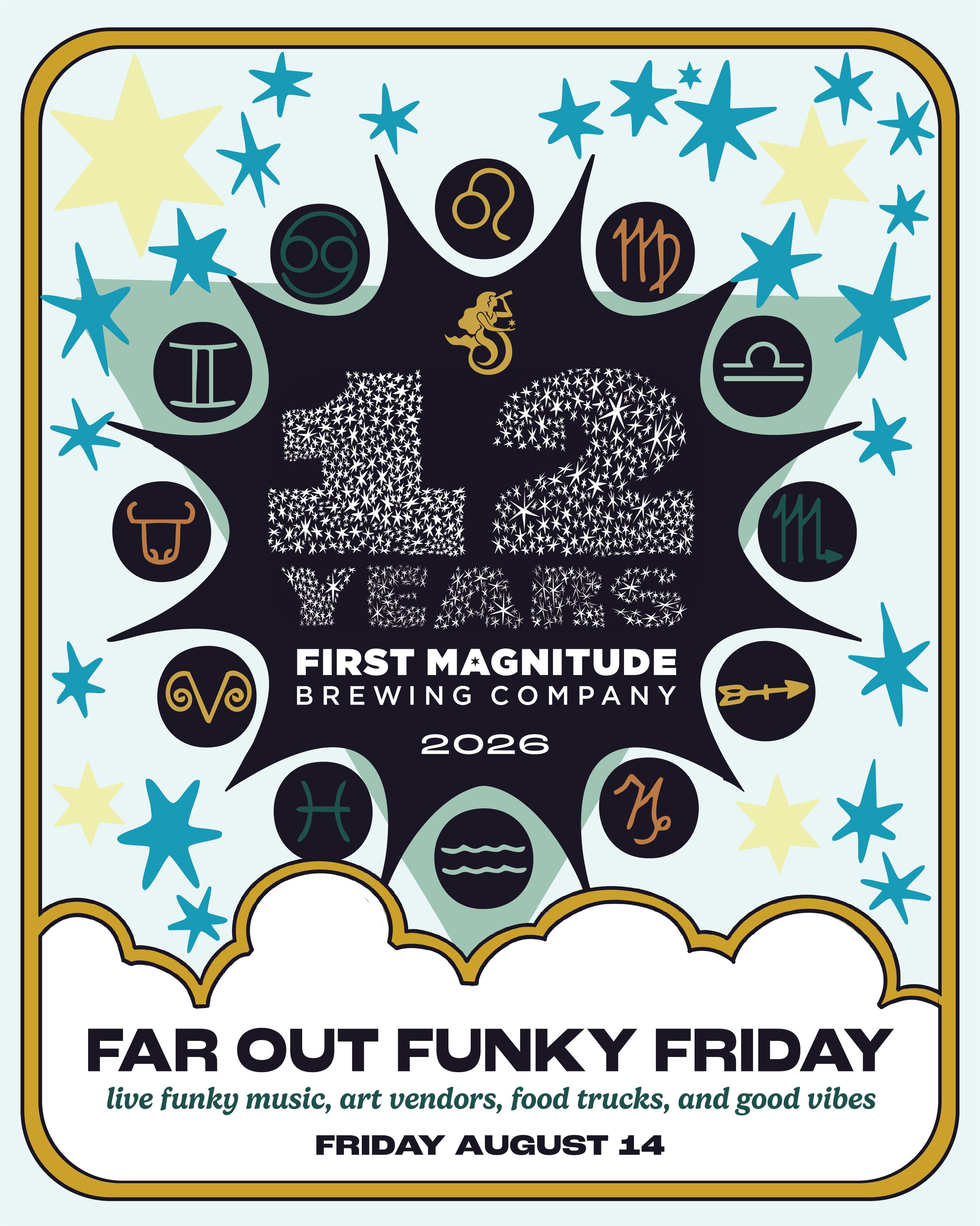 flyer for far out funky friday on august 14th featuring live music, art vendors, and food trucks