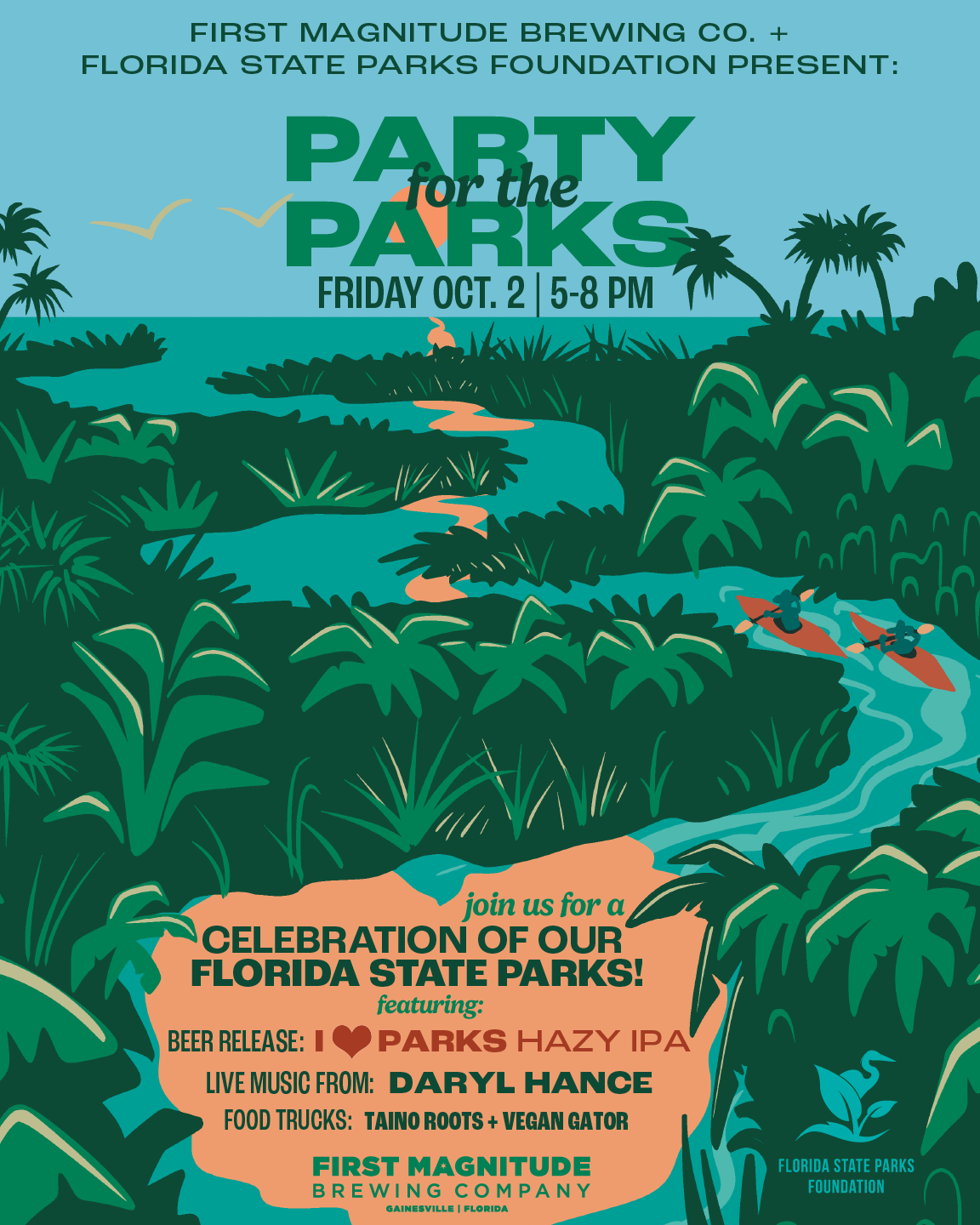 Illustrated flyer for Party for the Parks at First Magnitude Brewing, Friday Oct. 2, 5 to 8 PM, showing two kayakers paddling a winding Florida river through lush palms and ferns.
