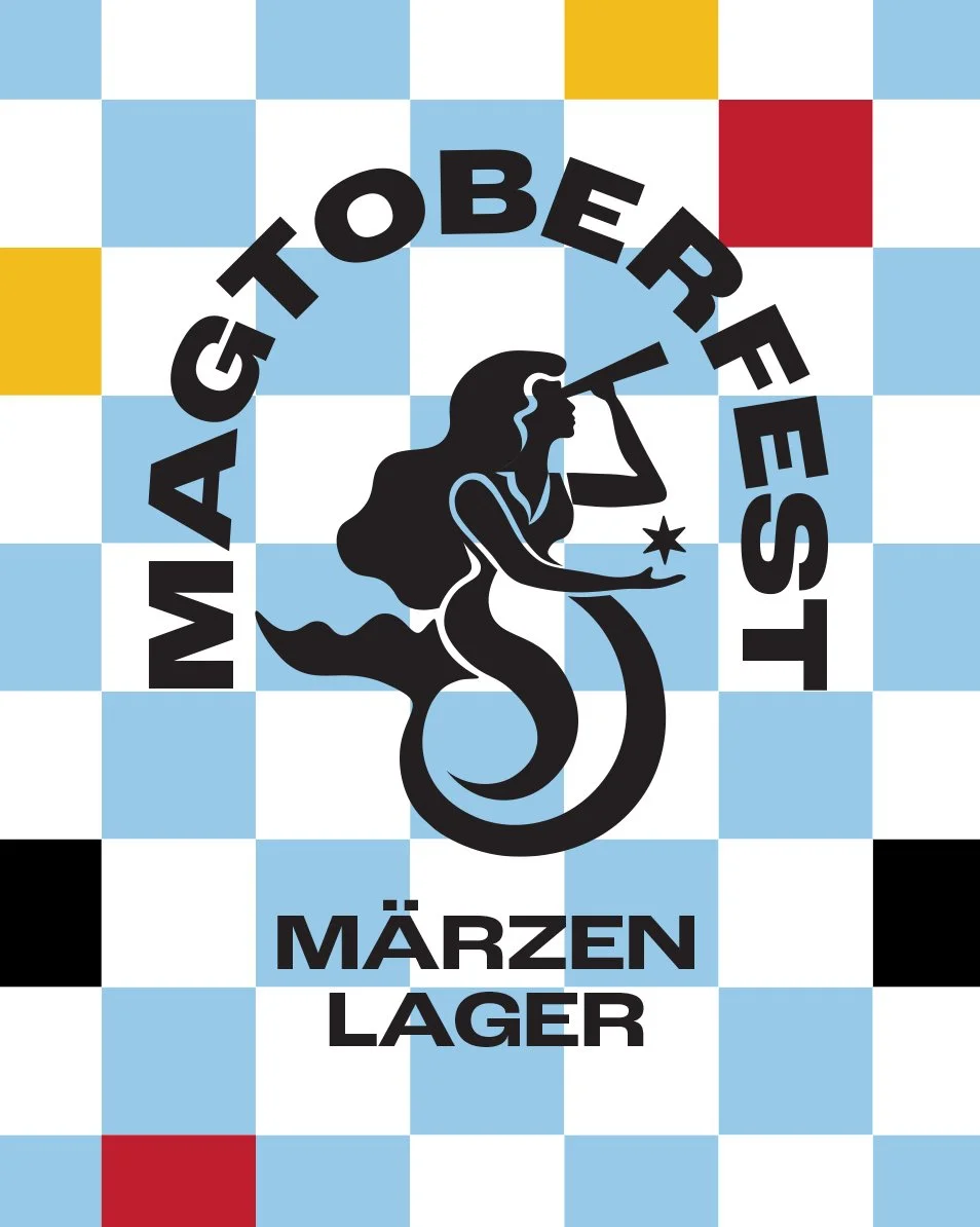 Logo of Magtoberfest Märzen Lager featuring a stylized mermaid with a horn, surrounded by a checkered background.