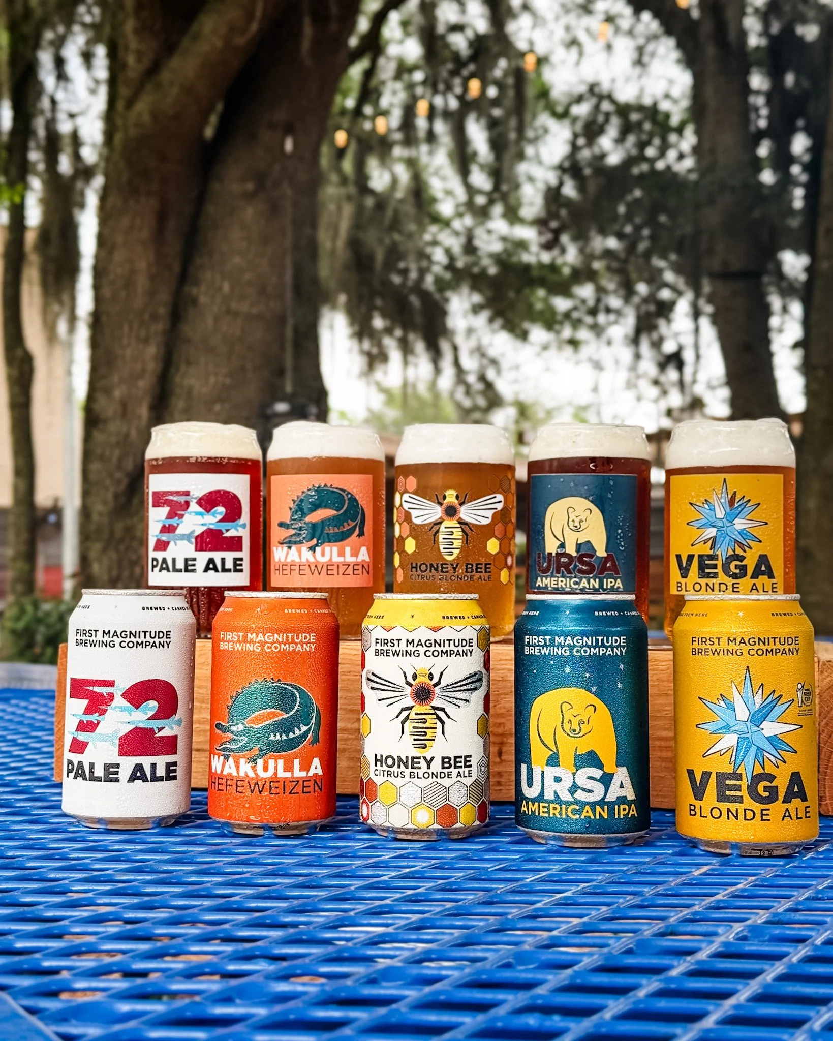 A row of colorful craft beer cans with various labels, sitting on a blue plastic table outdoors, with trees and hanging lights in the background.