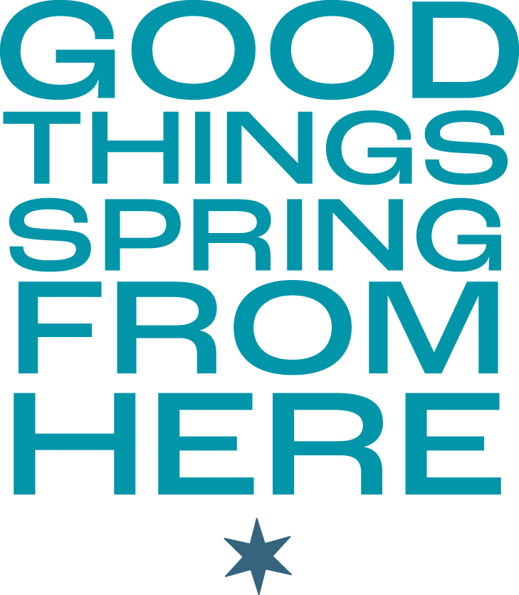 The image features the text 'Good Things Spring From Here' in large, bold, blue and black letters, with a small star symbol positioned below the text.