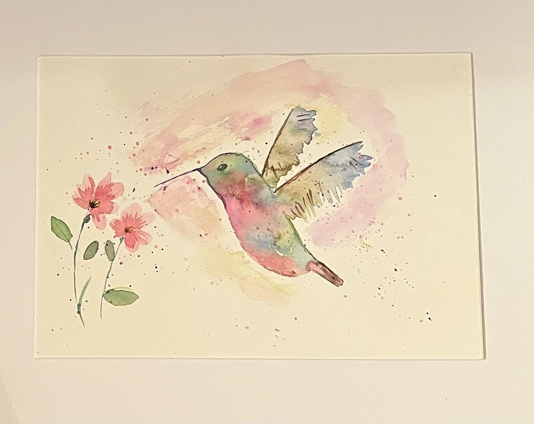 "Hummingbird with Flowers" - Watercolor