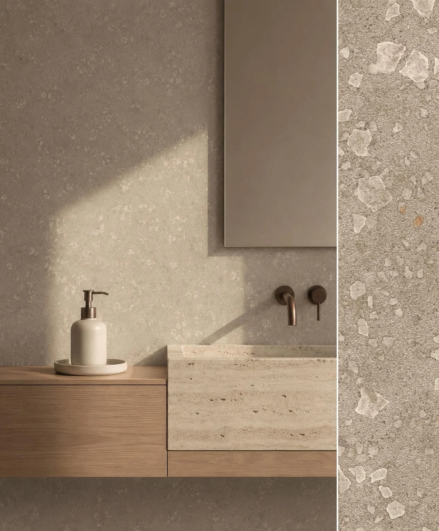 .
A terrazzo-inspired texture with a soft mineral feel and quiet depth.
Designed to bring warmth and timeless simplicity into the space.

やわらかな鉱物感と奥行きを感じる、テラゾー調デザイン。
空間に温かさと普遍的な静けさをもたらします。

Designed by KAI DESIGN STUDIO