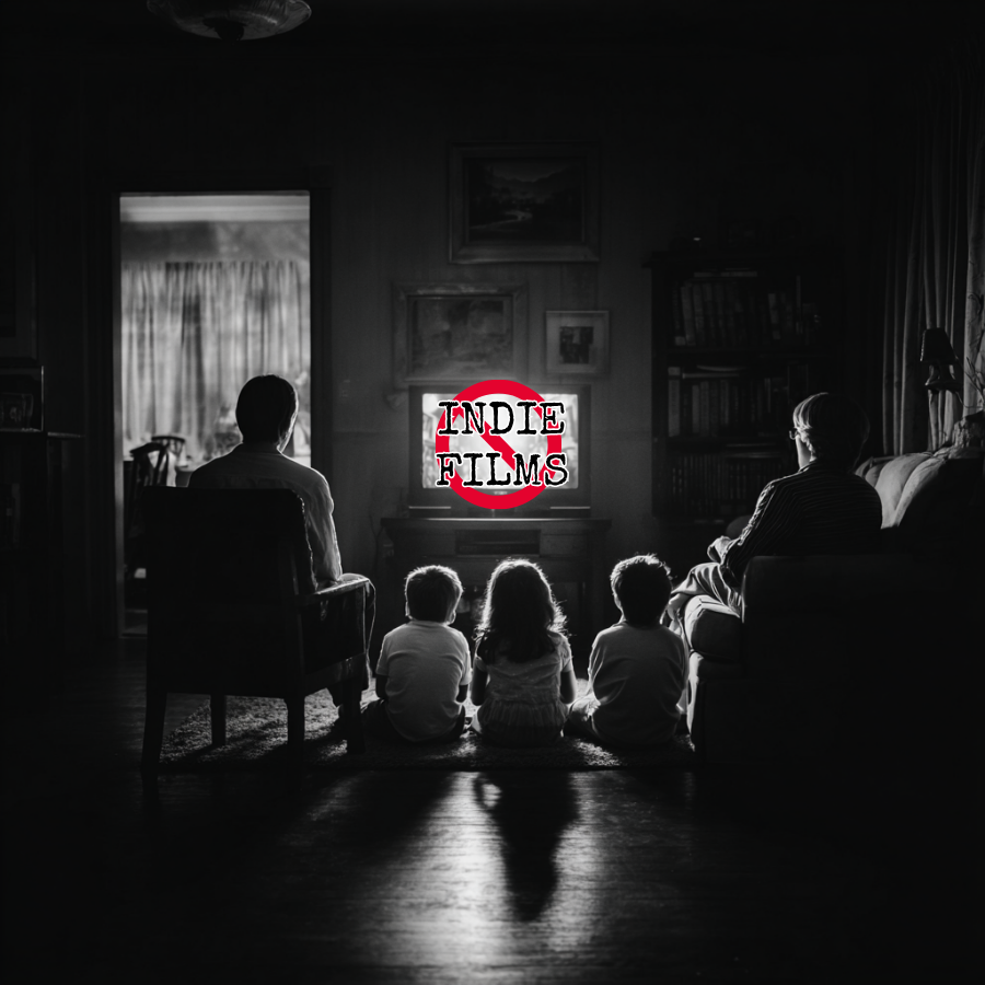 Four children sitting on a rug and two adults sitting on chairs in a dark living room, watching TV with "Indie Films" logo displayed on screen, black and white photograph.