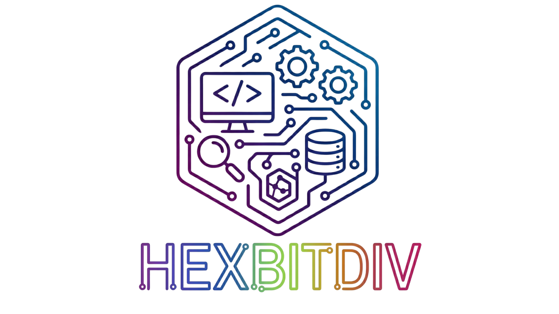 Logo de HEXBITDV con iconos de tecnología, código, engranajes y bases de datos en un diseño lineal de colores