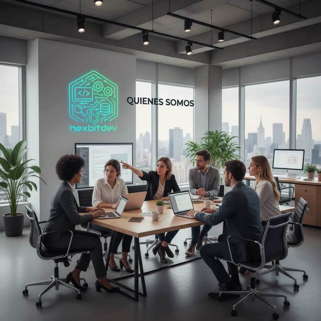 Reunión de seis personas en una oficina moderna con vista a la ciudad, trabajando en computadoras portátiles, en una presentación de Hexbitdev, con un gráfico en la pantalla y a la izquierda, con plantas en el fondo.