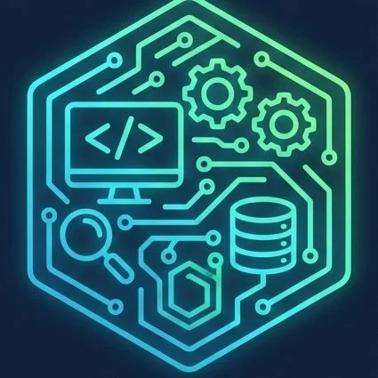 Ilustración digital de circuitos electrónicos y engranajes, con un monitor, una lupa, un código y una base de datos, en colores neón