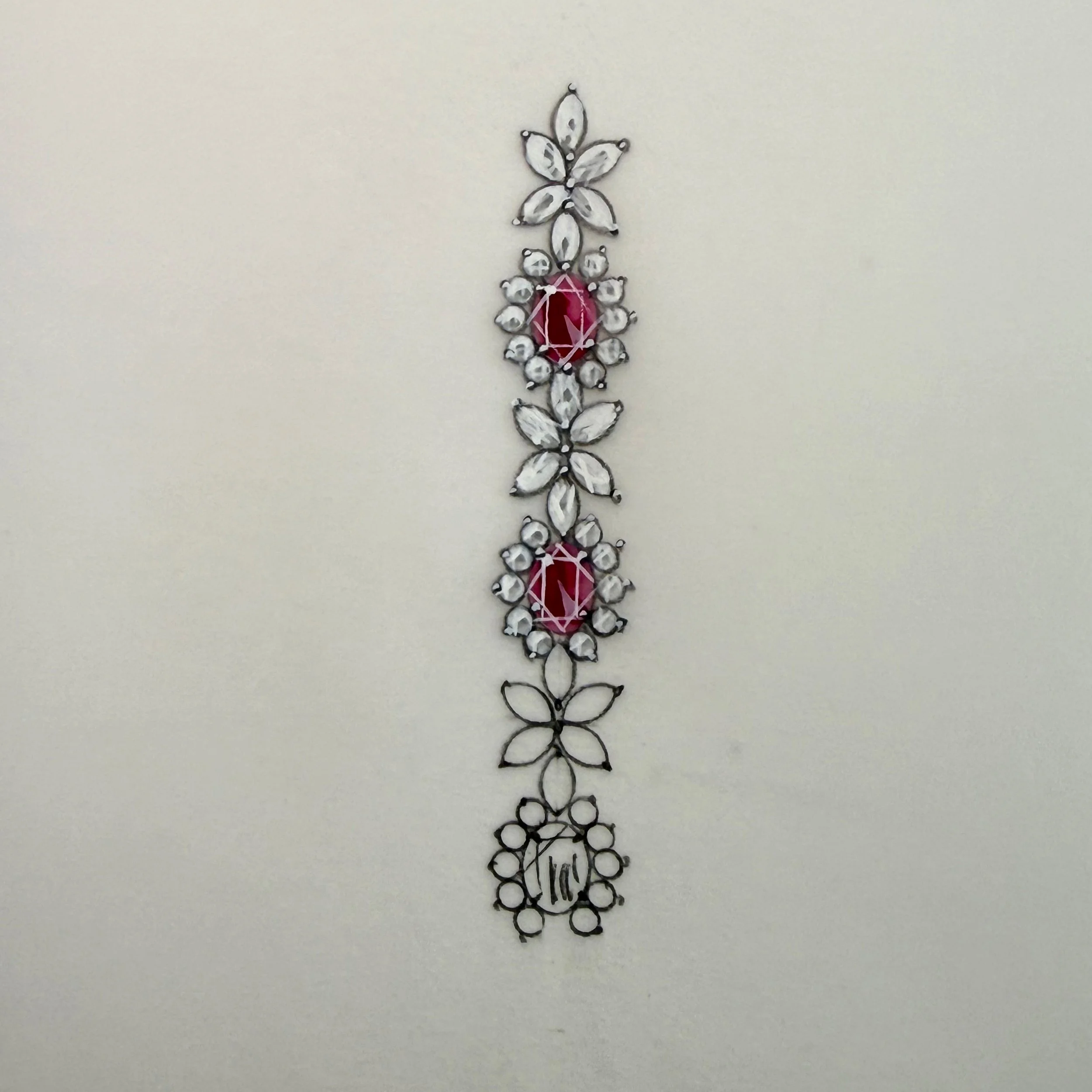 Decorative jewelry piece with petals around red and clear gemstones arranged in a symmetrical floral pattern on a white background.