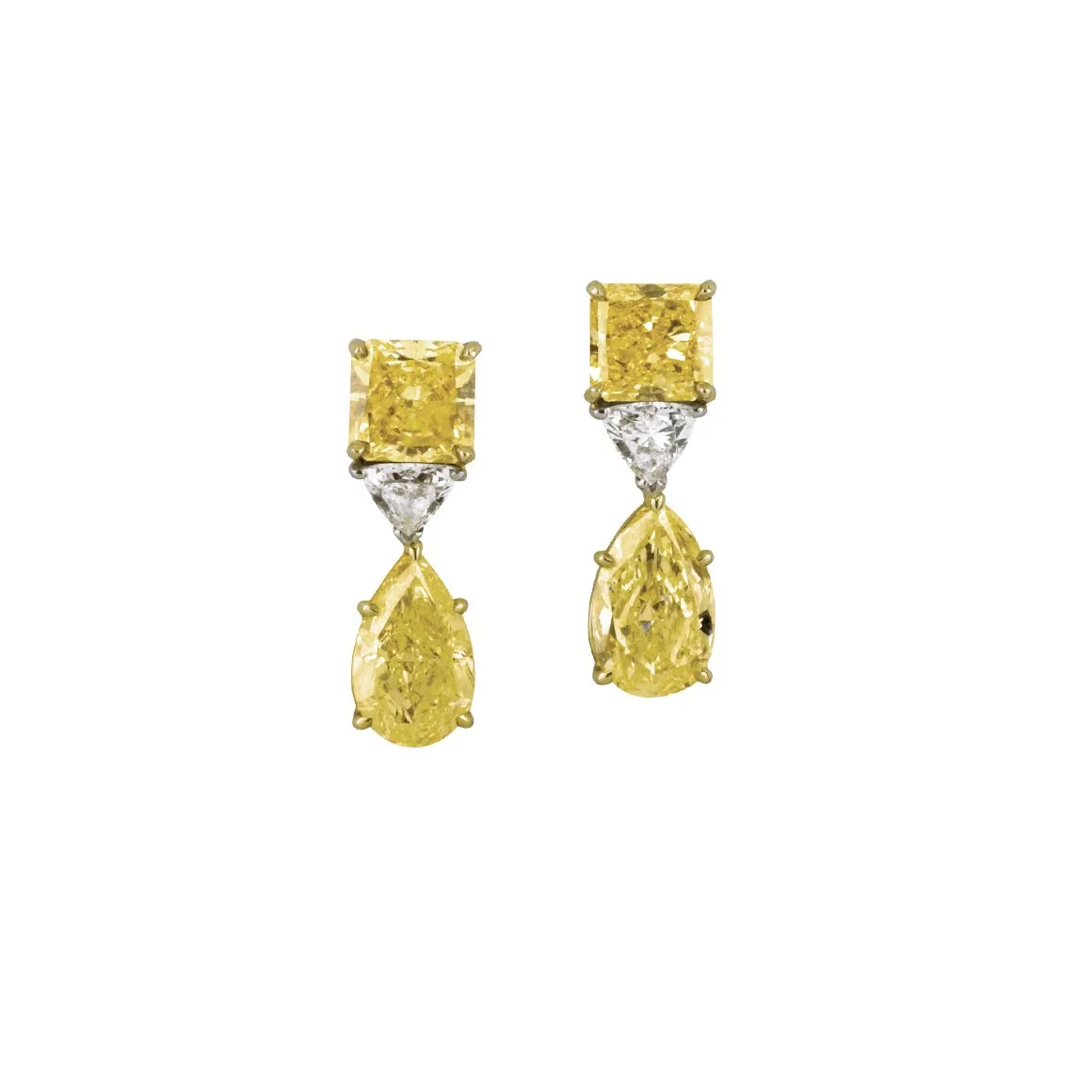 Pair of yellow and white gemstone drop earrings with yellow square, white triangular, and yellow teardrop-shaped stones.