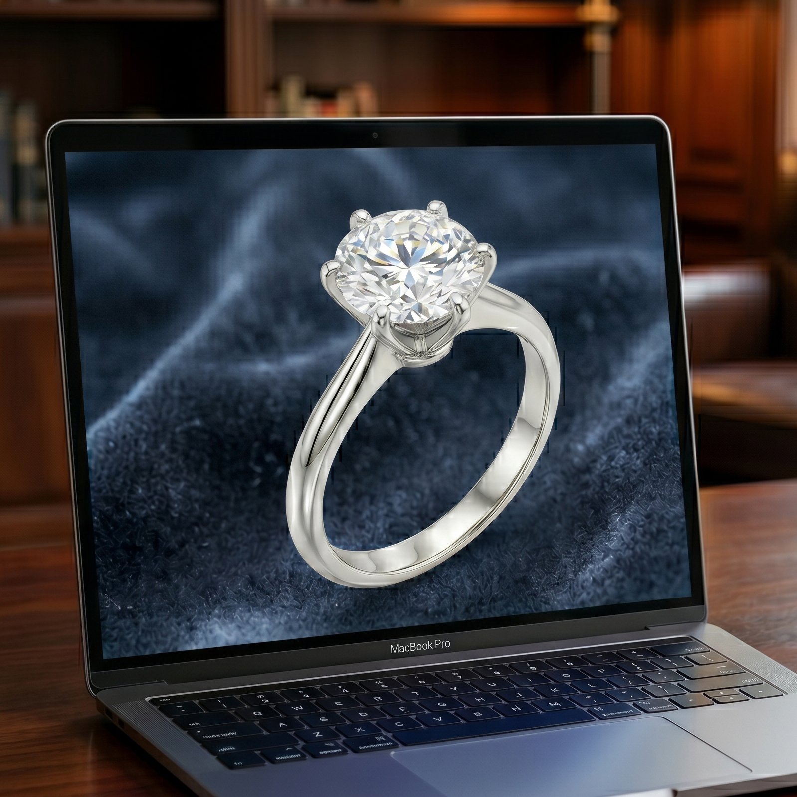 A laptop screen displaying a close-up photo of a diamond engagement ring with a large round diamond in a prong setting.