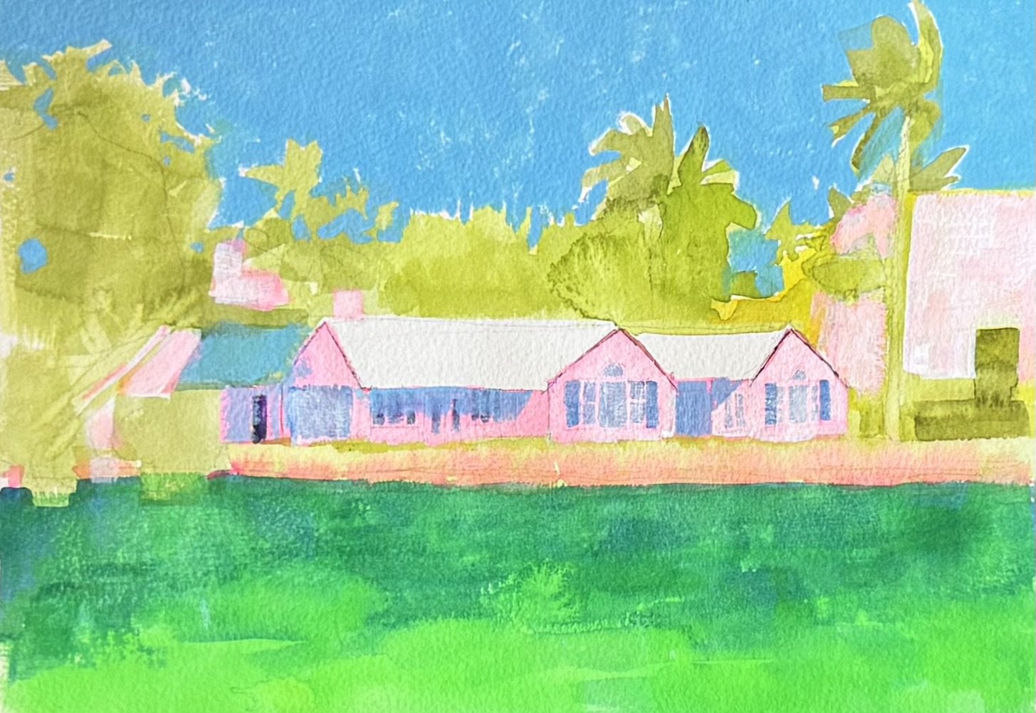 Pink House IV, 2026. Watercolor, acrylic and gouache on paper, 9x12 inches.