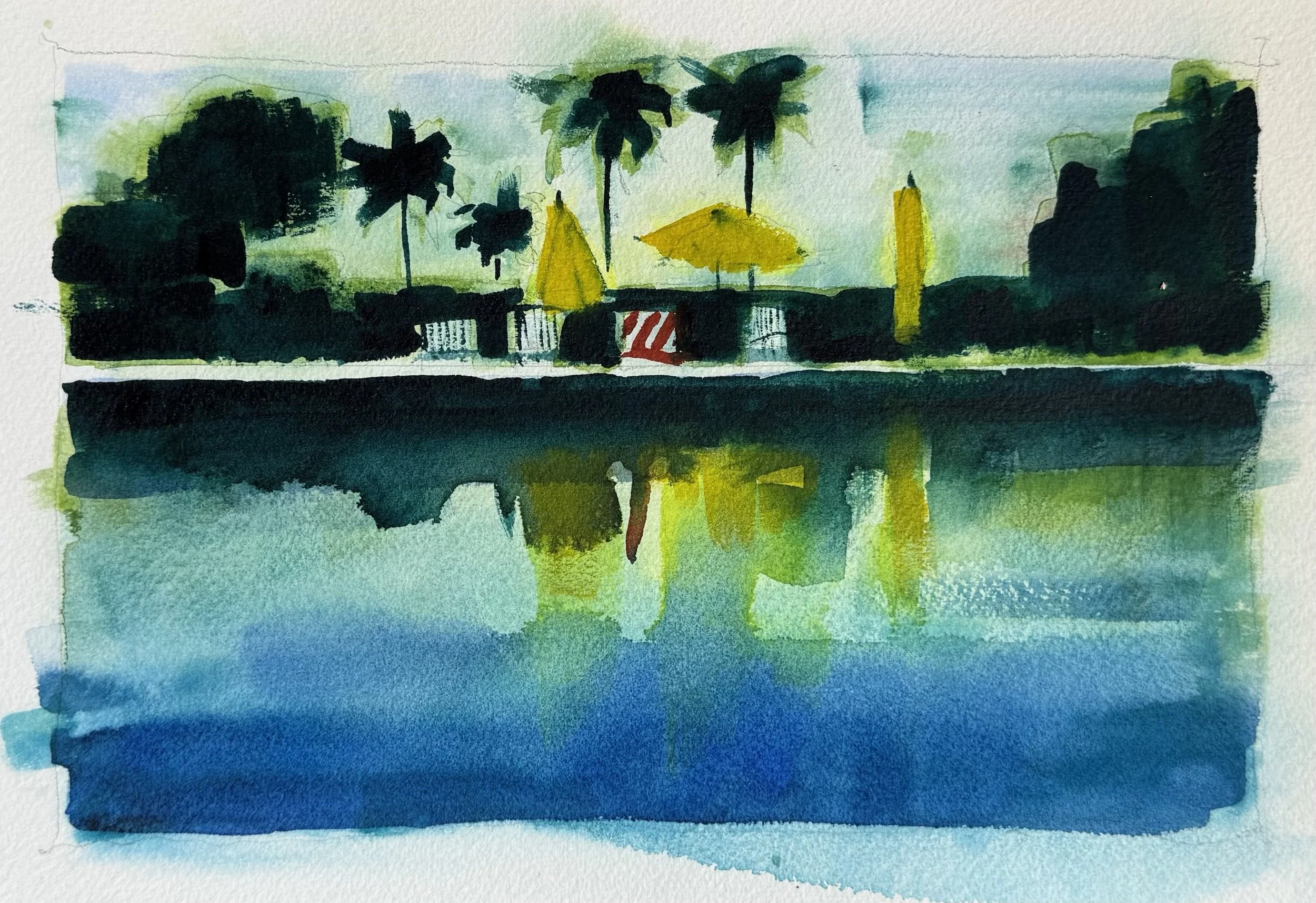 The Big Pool II, 2025. Watercolor on paper, 7x10 inches.