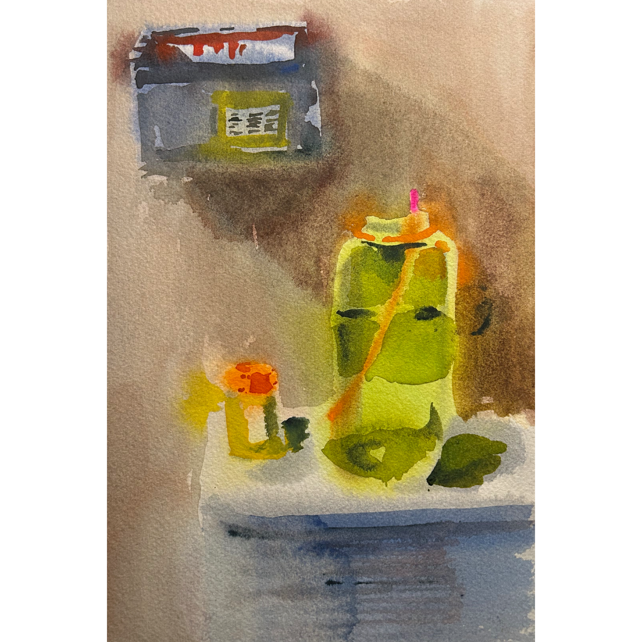 Pee Sample/Nalgene (Stu in the Hospital), 2023. Watercolor on paper, 10 x 7 inches.