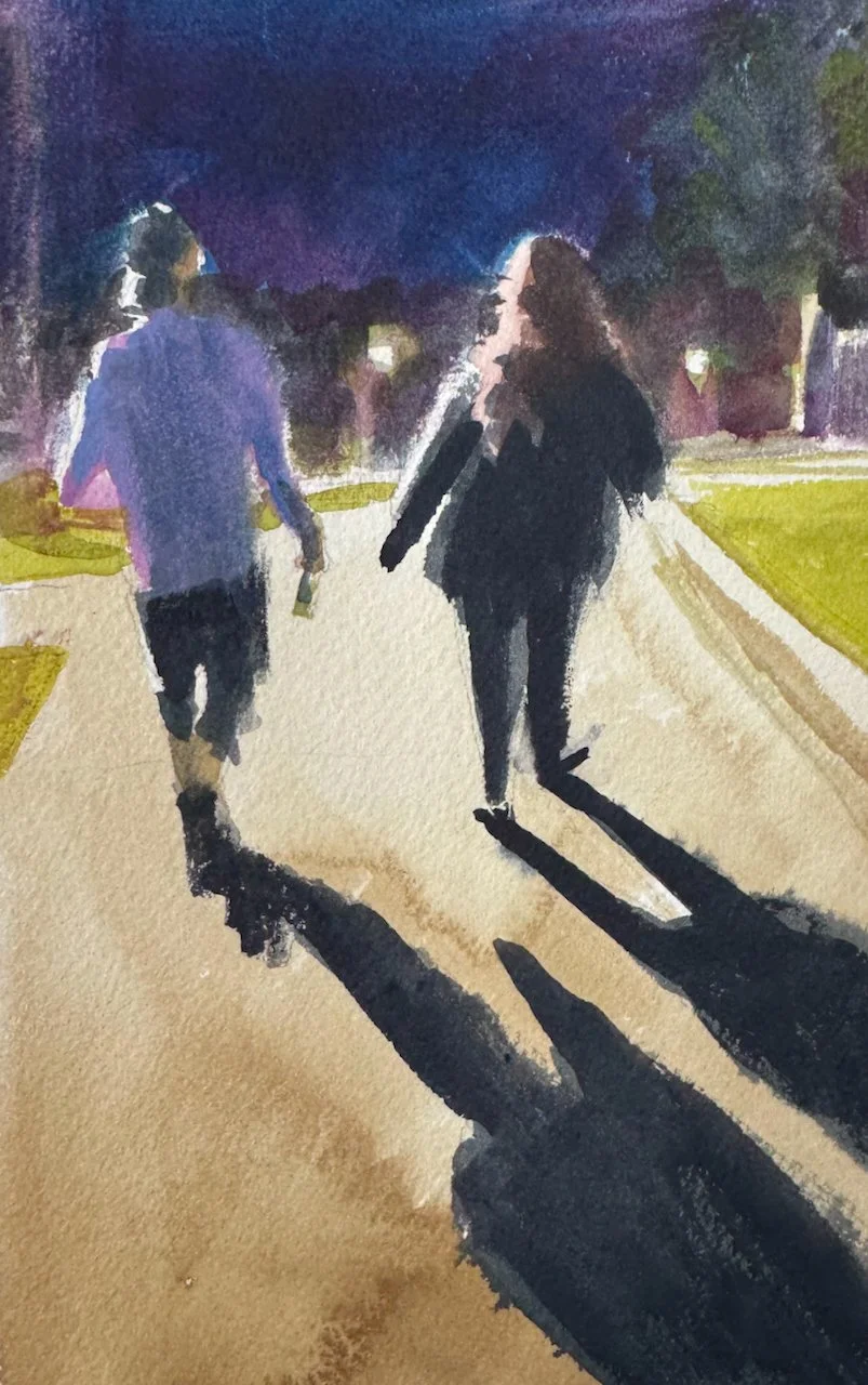 Helen and Stu Talk About Dumplings, 2025. Watercolor on paper, 10x7 inches.
