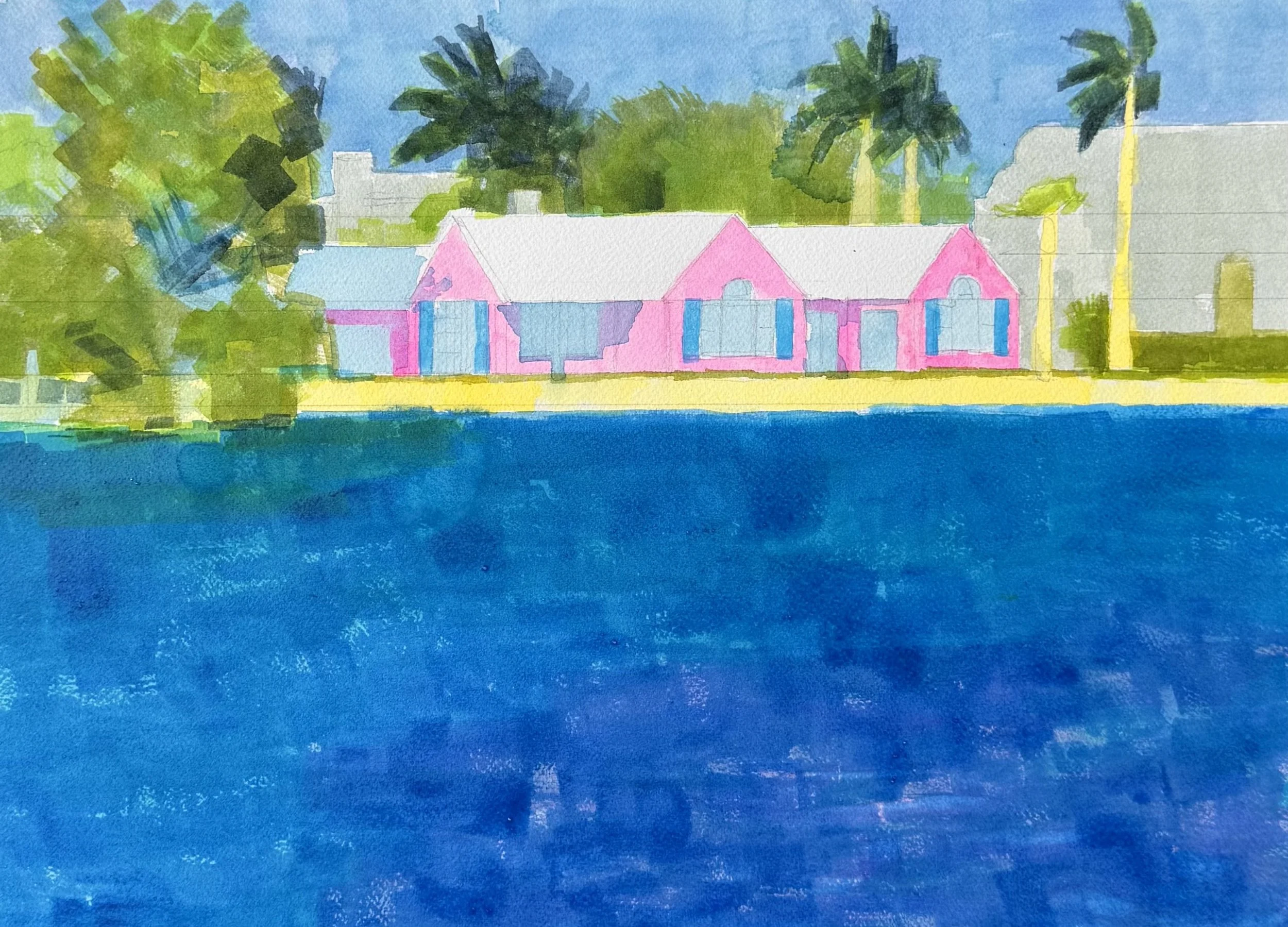 Pink House I, 2026. Watercolor on paper, 12×16 inches.
