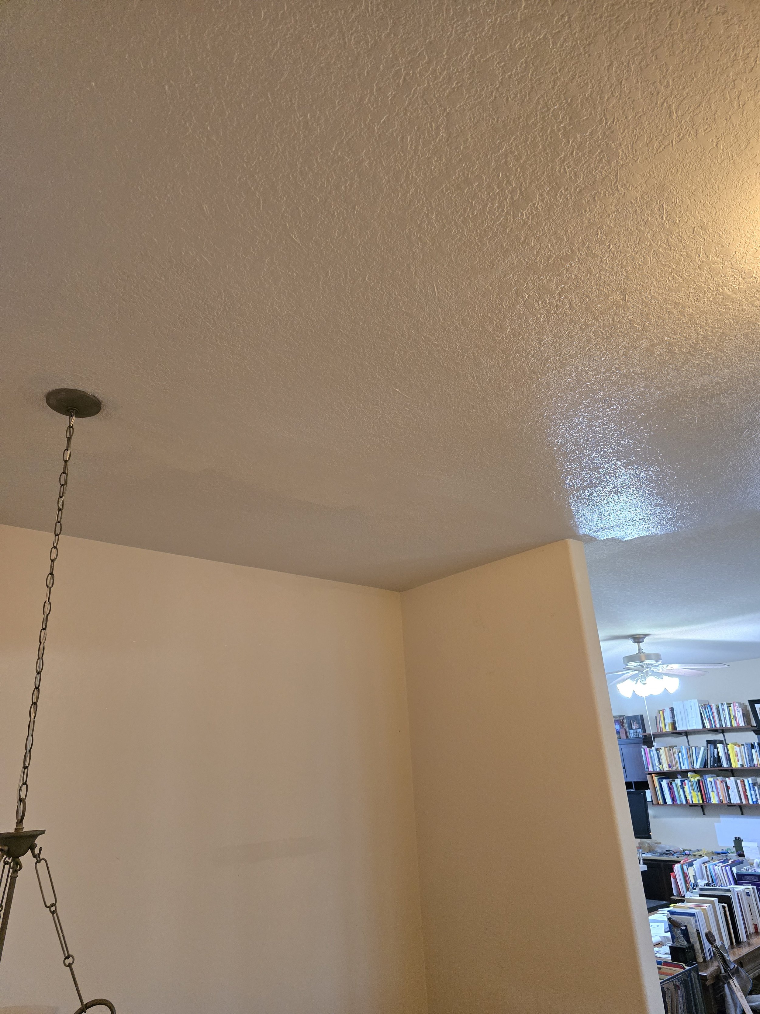 Part of a living room with a textured ceiling, a hanging light fixture, and a partial view of a bookshelf with books and a ceiling fan.