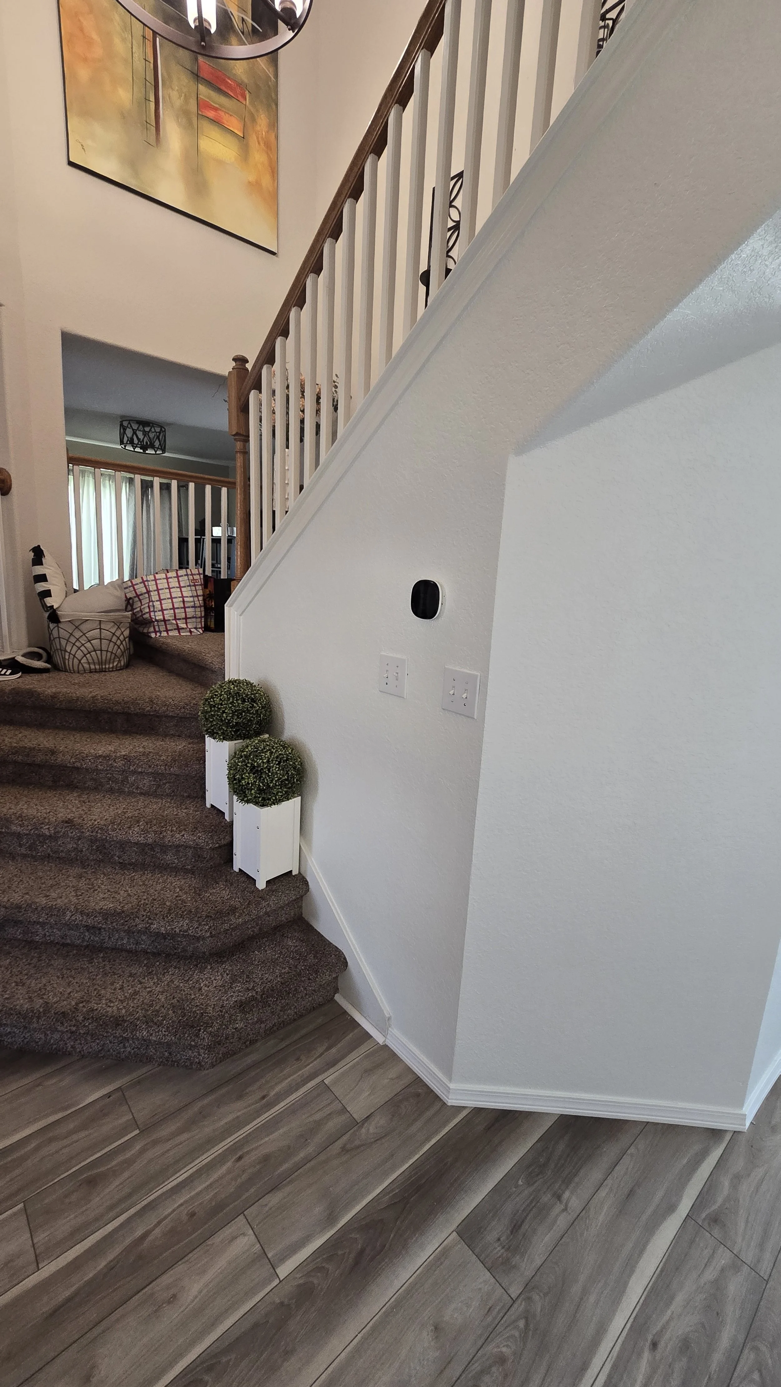 Corner of a living space with gray wood laminate flooring, a staircase with brown carpeted steps, and a white wall with electrical outlets and a small black device, decorated with two small potted plants. A large art piece with warm tones hangs on the wall above.