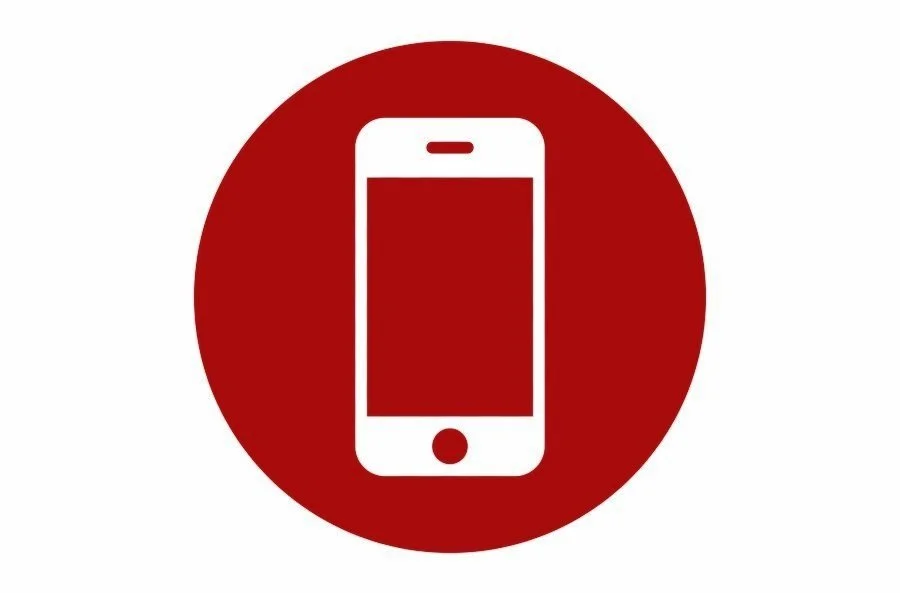 White smartphone icon inside a red circle with a white background.