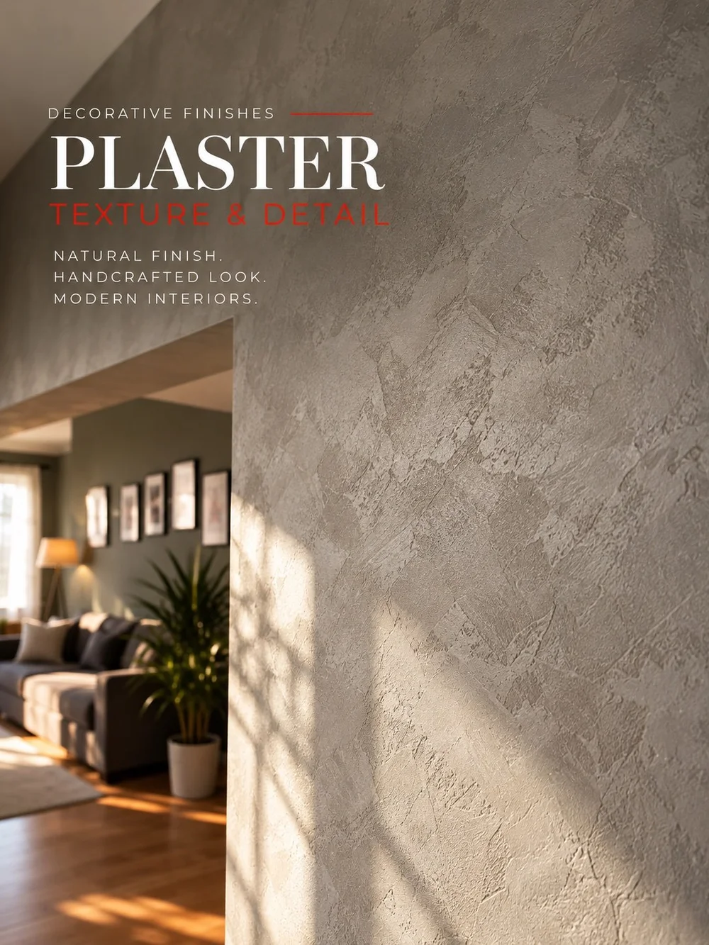 Close-up of hand-applied gray decorative plaster with a concrete-inspired texture — EST Painting.