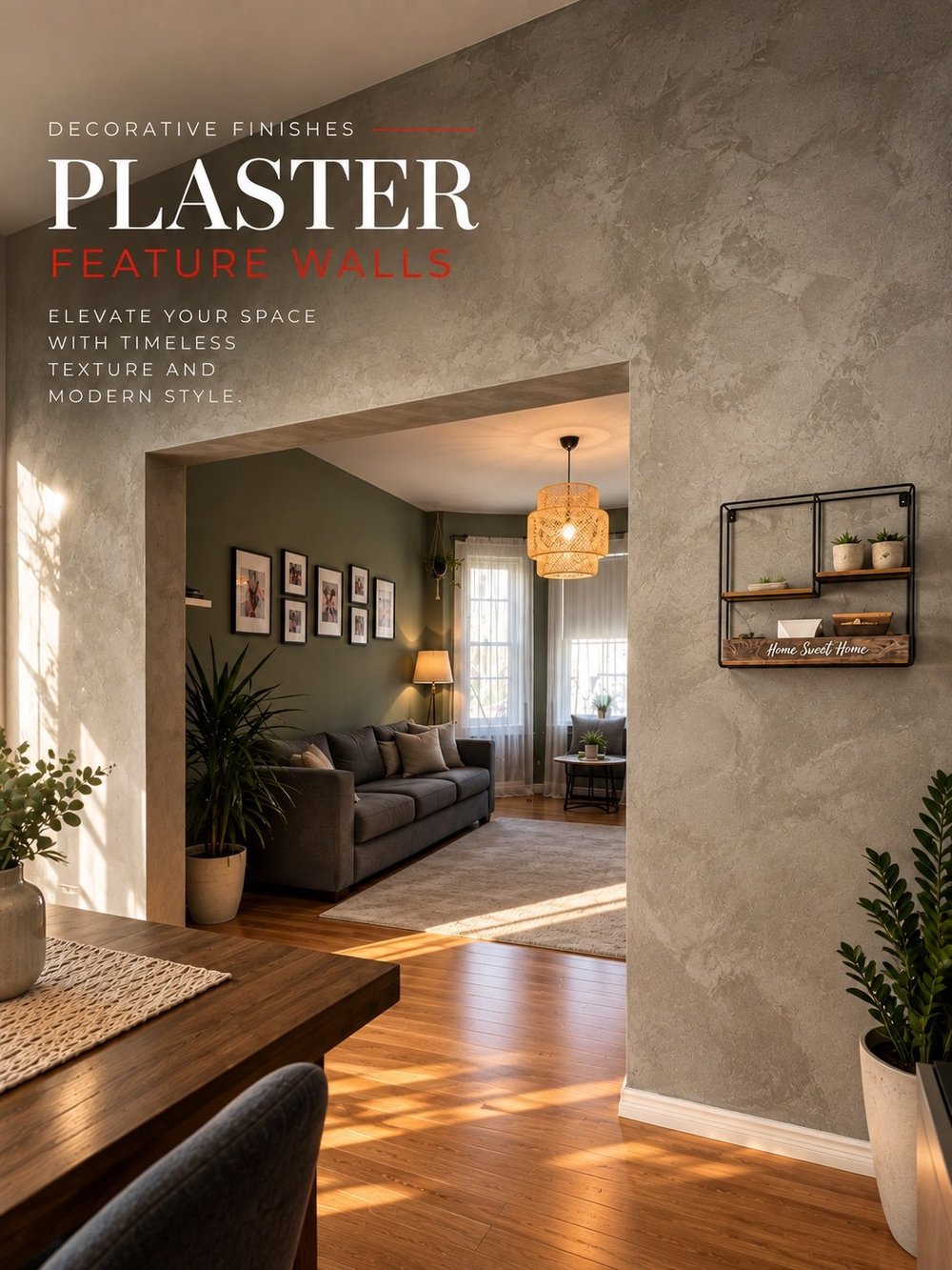 Textured plaster feature walls with natural light and a view into a living room — EST Painting.