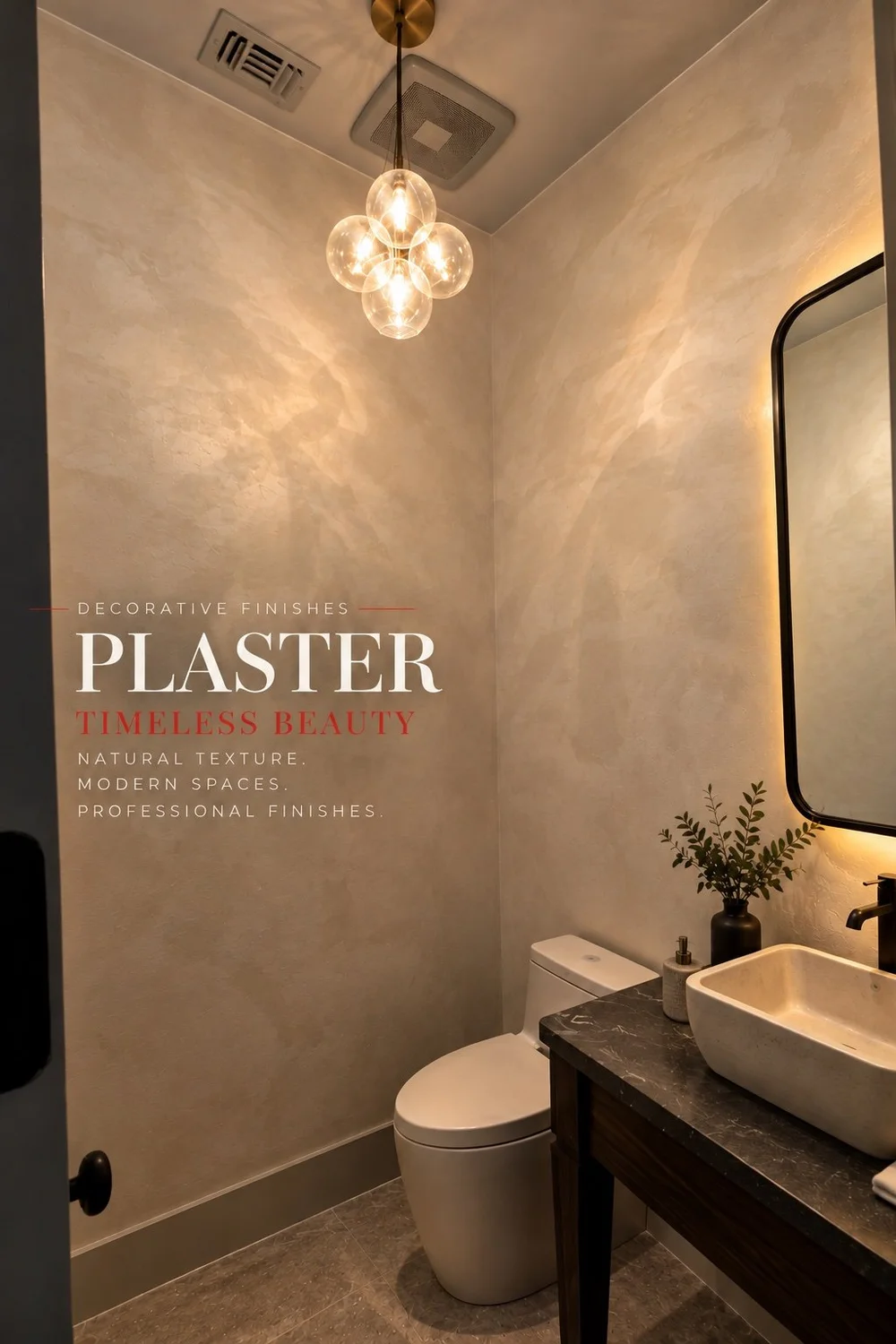 Warm lighting reveals the movement of decorative plaster on bathroom walls — EST Painting.
