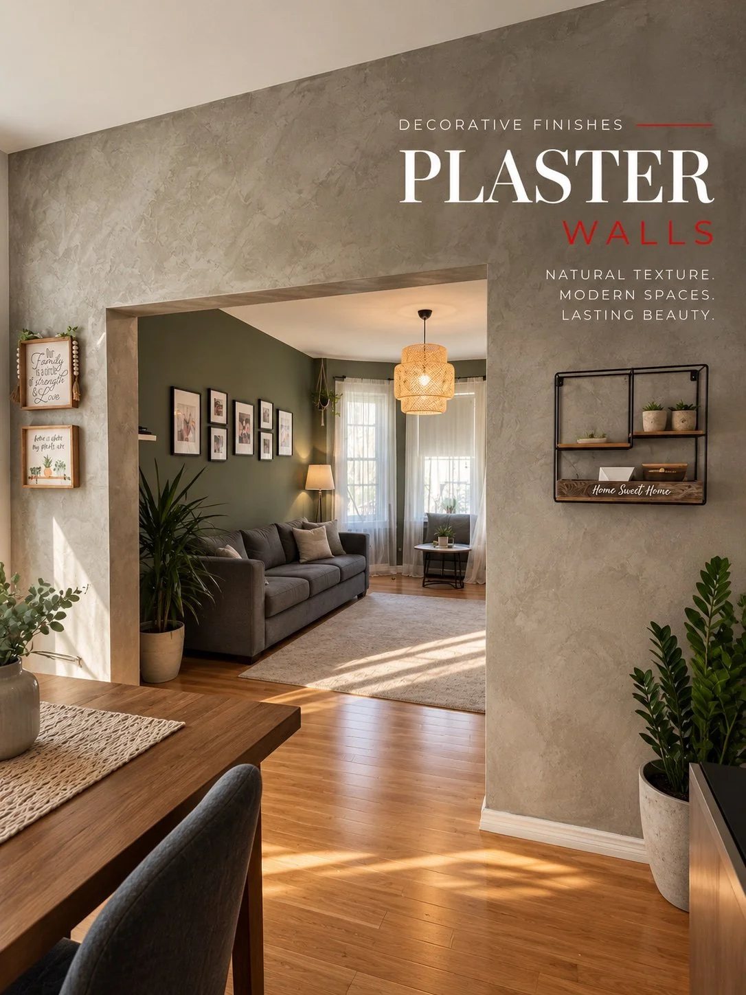 Textured decorative plaster walls framing a residential living room — EST Painting.