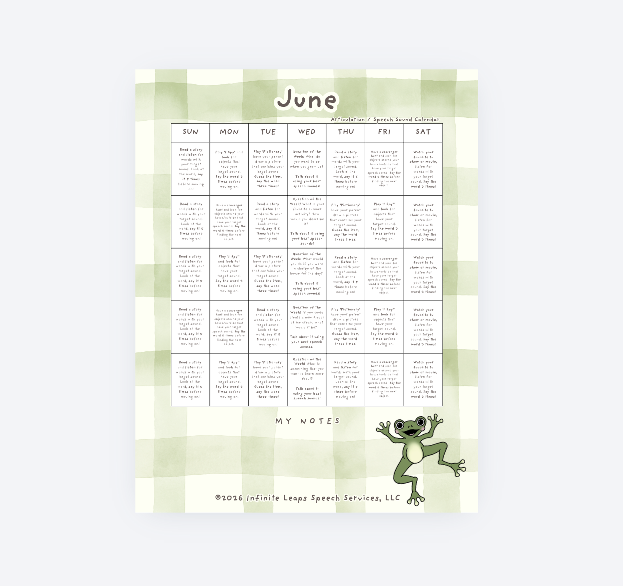 Articulation Practice Calendars