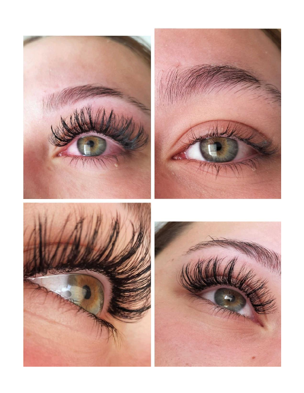 Comparison of eyelash makeup, showing before and after close-up photos of eyes with natural and enhanced eyelashes.