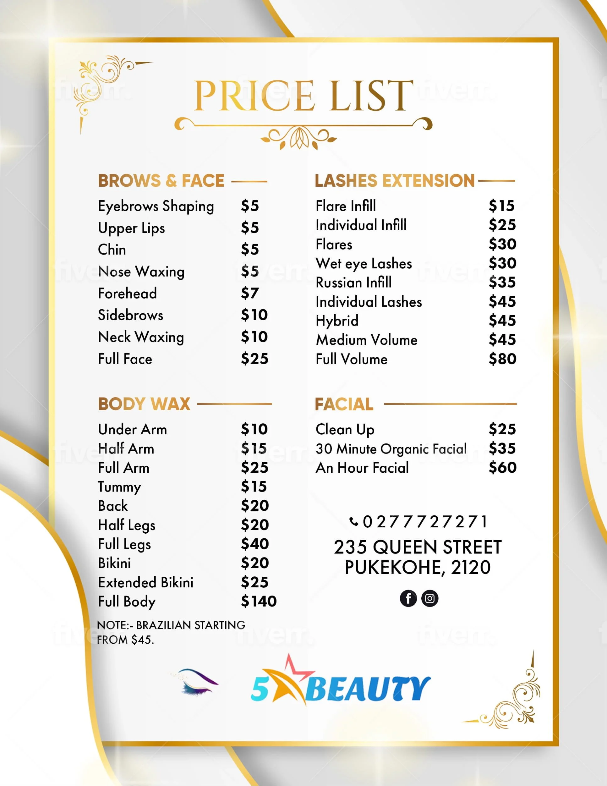 Beauty salon price list for eyebrows, face, body wax, lashes extension, and facial services, with prices ranging from $5 to $140.