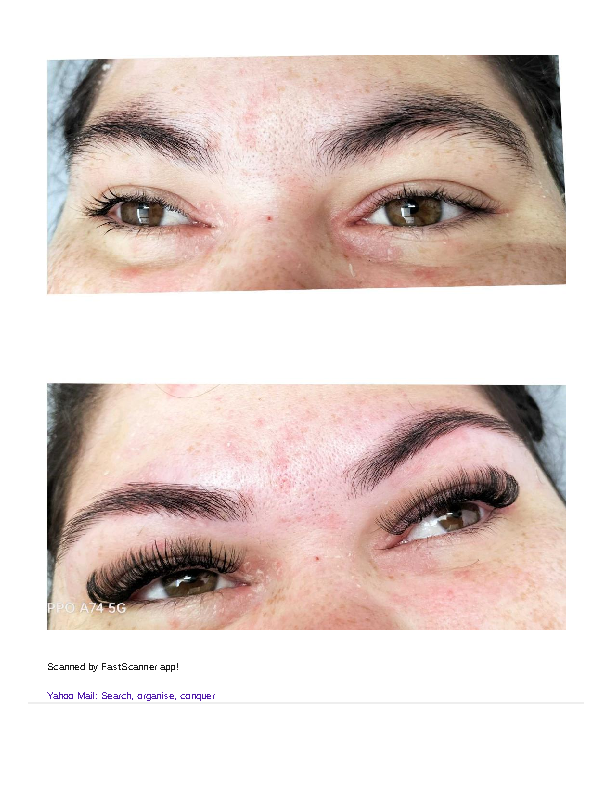 Before and after images showing a woman's eyebrows, with the after image featuring fuller, well-shaped eyebrows and long eyelashes.