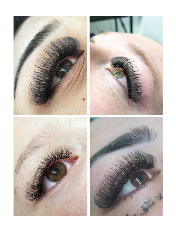 Close-up images of women with eyelash extensions, showcasing different styles and angles of the eyelash enhancements.
