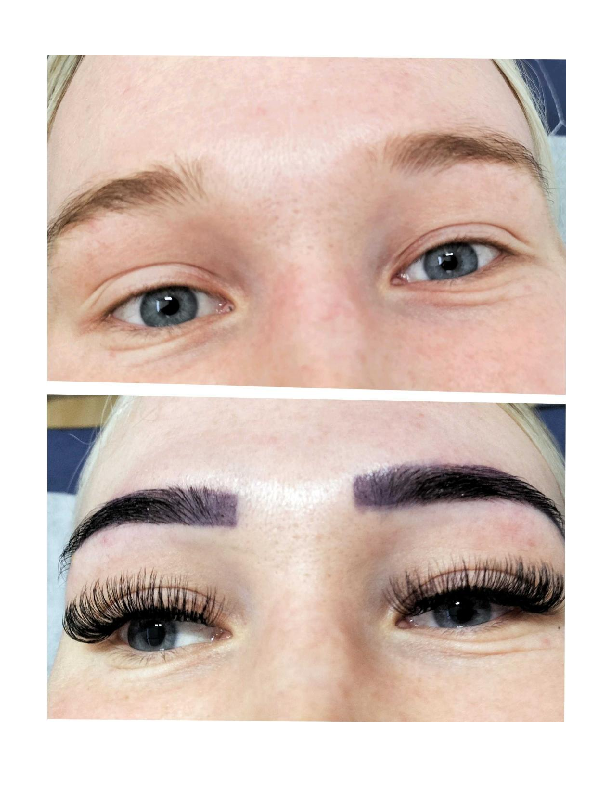Close-up of a person's face showing a before-and-after comparison of eyebrows, with the top image displaying natural eyebrows and the bottom image showing freshly pigmented, darker, and shaped eyebrows with long eyelashes.