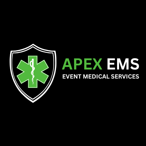 Logo for Apex EMS with a green medical shield and staff, and text stating 'Apex EMS Event Medical Services'.