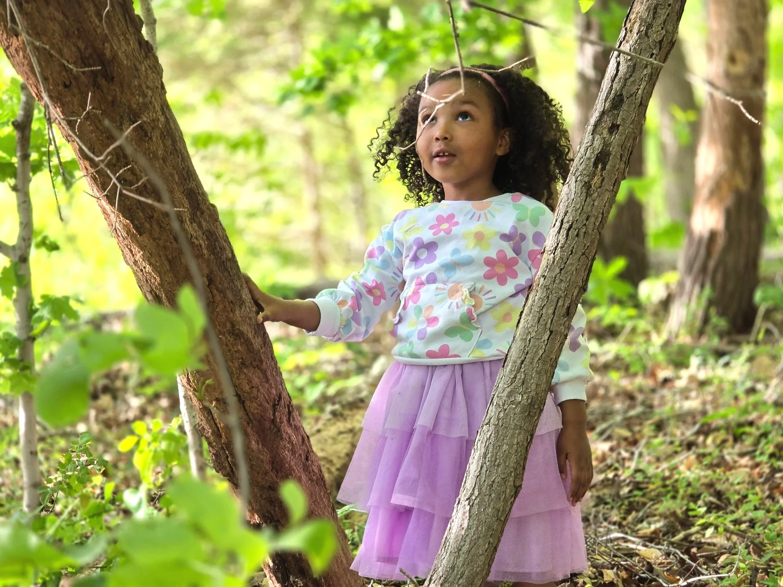 A young girl with curly hair wearing a colorful floral long-sleeve top and a pastel purple skirt, sitting in a tree in a lush green forest. She is looking upward with a curious expression.