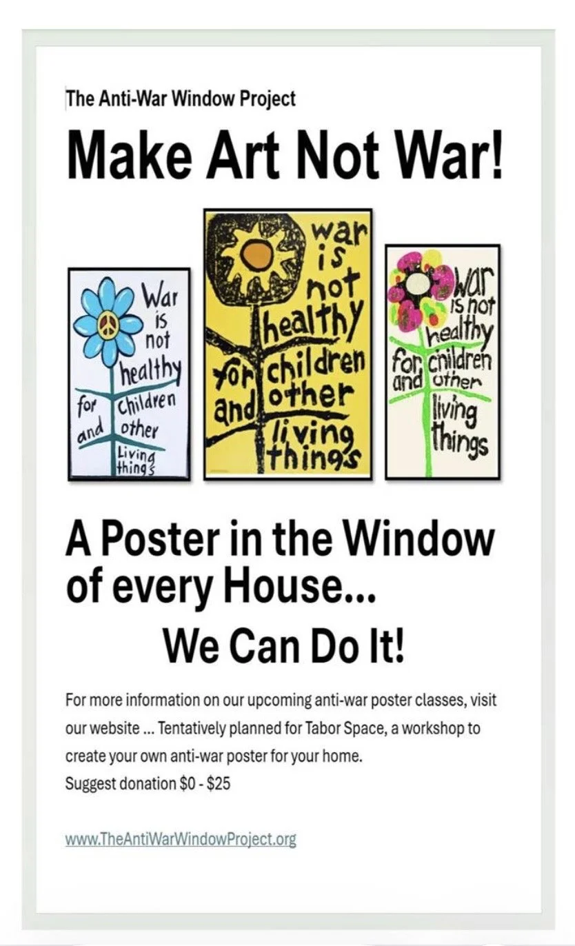 Poster promoting the Anti-War Window Project with three colorful child-drawn posters advocating for peace and healthy living, and text encouraging families to display anti-war posters in windows.