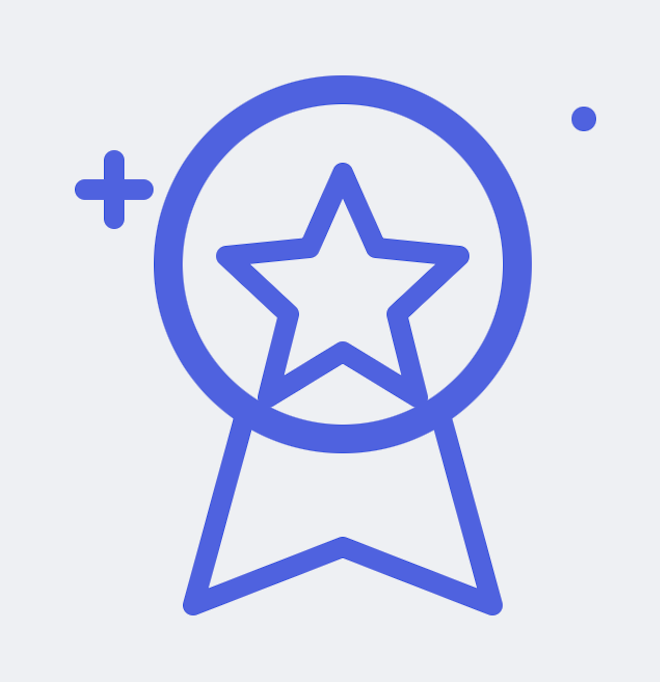Outline of a medal with a star inside a circle and a ribbon below, with small decorative plus and dot symbols.