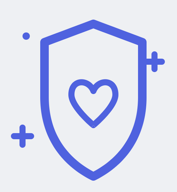 Blue shield with a heart inside, surrounded by plus signs, symbolizing health and protection.