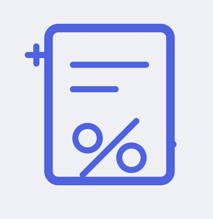 A blue outline of an insurance certificate or document with a percentage symbol on the front.