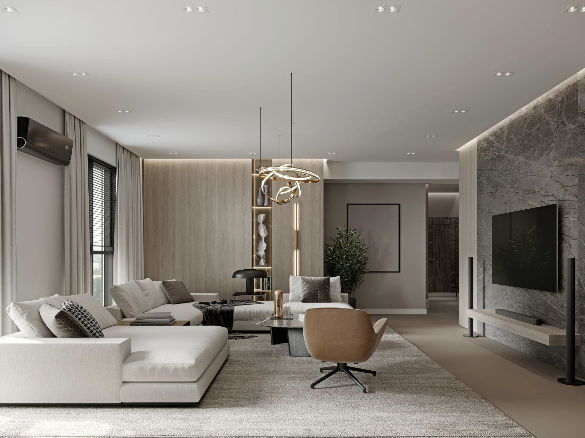 Living room with white sectional sofa, brown swivel chair, round black coffee table, modern chandelier, large TV on marble wall, potted plant, floor-to-ceiling windows with curtains.